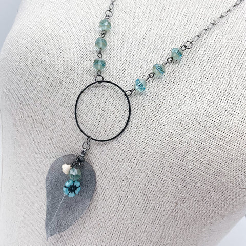 Gun Metal Leaf Necklace w/ Aqua Beads