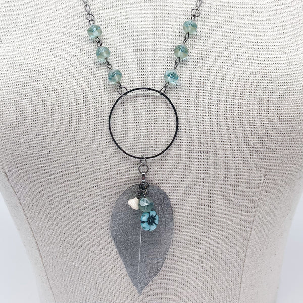 Gun Metal Leaf Necklace w/ Aqua Beads