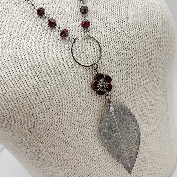 Deep Red Hibiscus Flower & Gun Metal Leaf Necklace