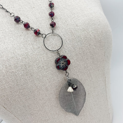 Deep Red Hibiscus Flower & Gun Metal Leaf Necklace