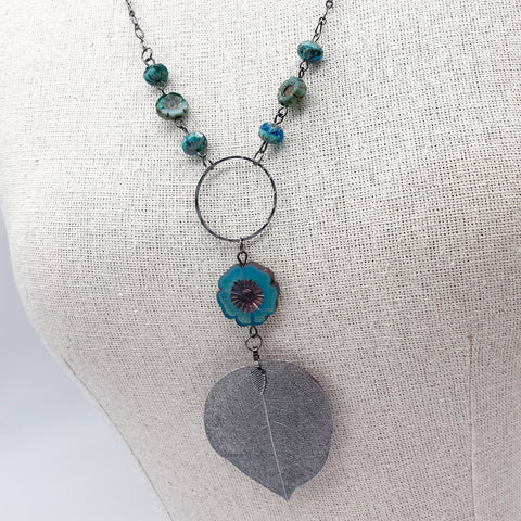 Teal Hibiscus Flower & Gun Metal Leaf Necklace