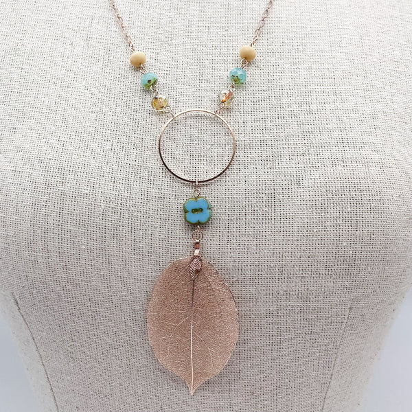 Turquoise Clover & Rose Gold Leaf Necklace