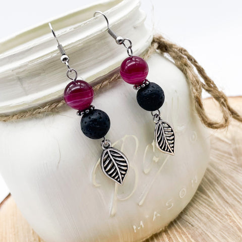 Black Lava Rock Fuchsia Agate Earrings