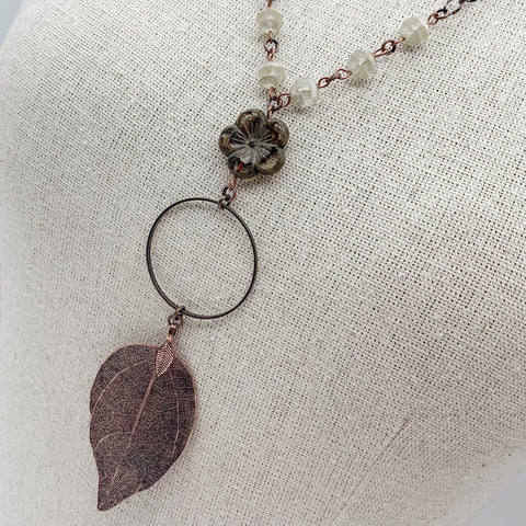 Vintage Hibiscus Flower & Antique Copper Leaf Necklace