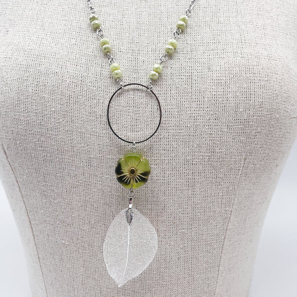 Pear Hibiscus Flower & Silver Leaf Necklace