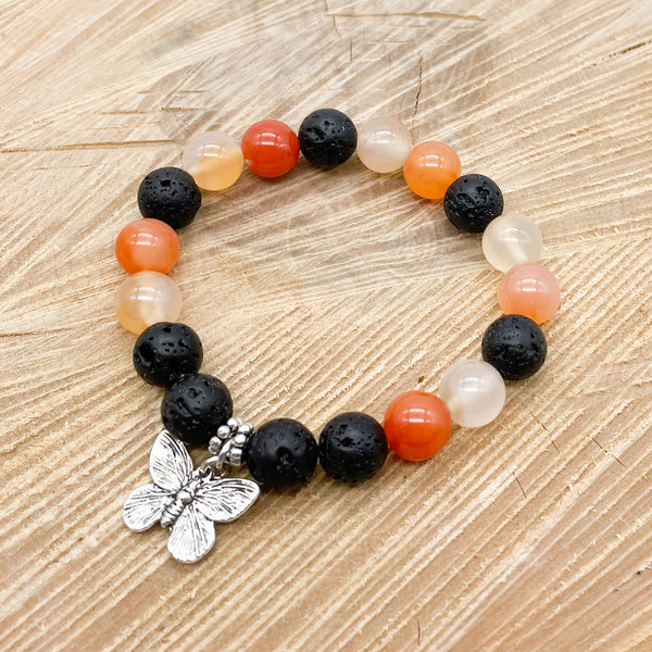 MONARCH BUTTERFLY Orange Carnelian Lava Rock Bracelet