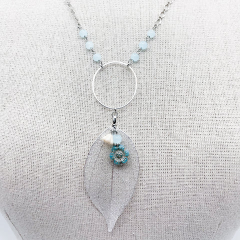 Aqua & Ivory  Silver Leaf Necklace