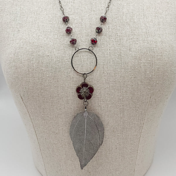 Deep Red Hibiscus Flower & Gun Metal Leaf Necklace