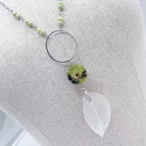 Pear Hibiscus Flower & Silver Leaf Necklace