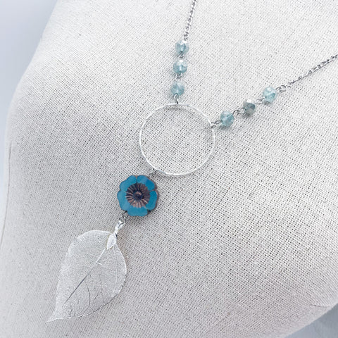 Turquoise  Hibiscus Flower & Silver Leaf Necklace