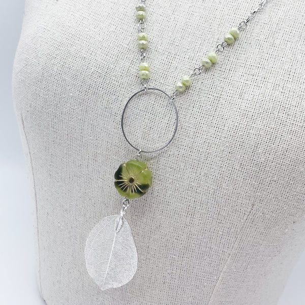 Pear Hibiscus Flower & Silver Leaf Necklace