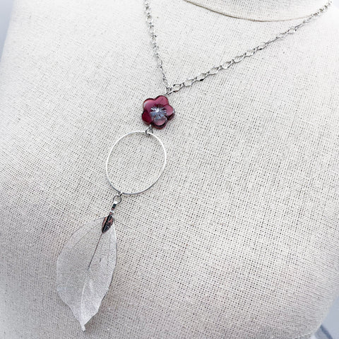 Silver Leaf Necklace w/ Pink  Blossom