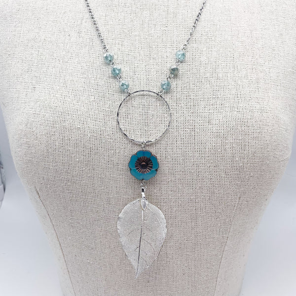 Turquoise  Hibiscus Flower & Silver Leaf Necklace