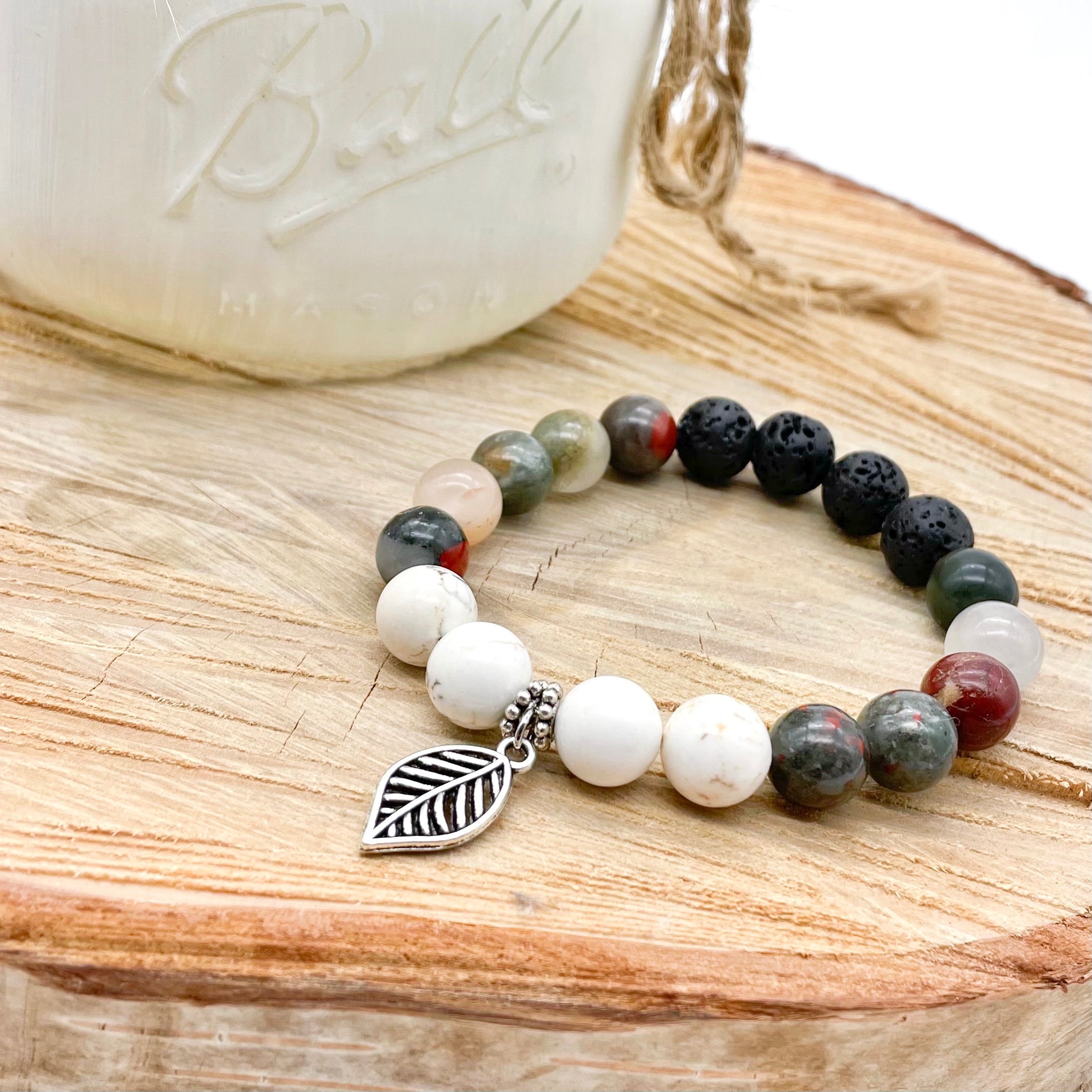 African Bloodstone & White Howlite Lava Rock Bracelet
