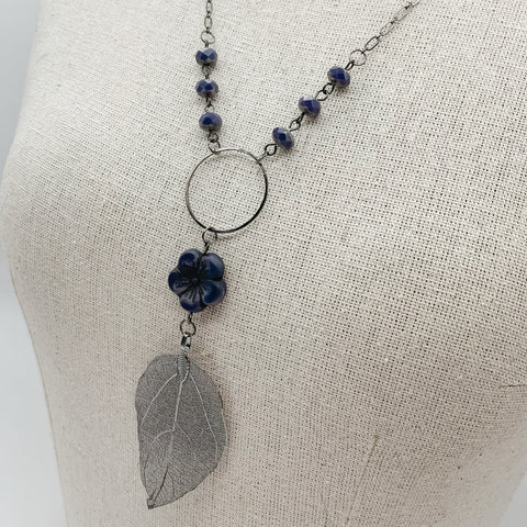 Violet Posie & Gun Metal Leaf Necklace