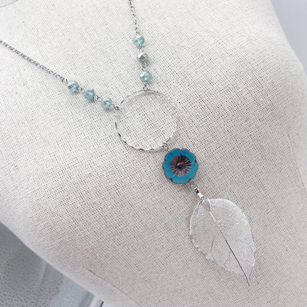 Turquoise  Hibiscus Flower & Silver Leaf Necklace