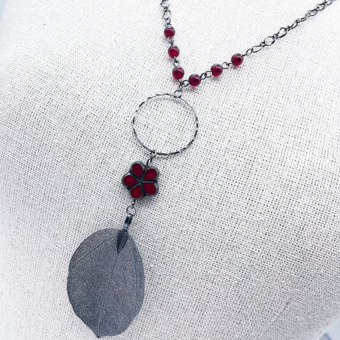 Gun Metal Leaf Necklace w/ Red Posie