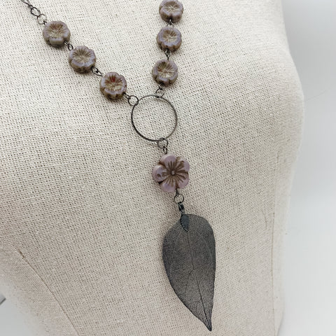 Lilac Hibiscus Flower & Gun Metal Leaf Necklace