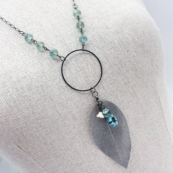 Gun Metal Leaf Necklace w/ Aqua Beads