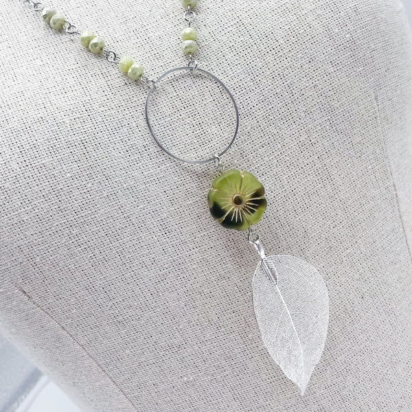 Pear Hibiscus Flower & Silver Leaf Necklace