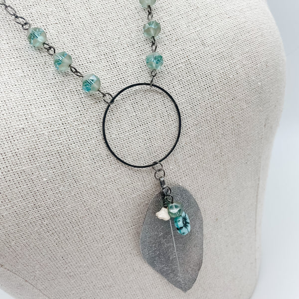 Gun Metal Leaf Necklace w/ Aqua Beads