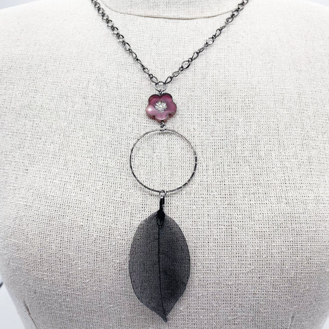 Gun Metal Leaf Necklace w/ Raspberry Beads