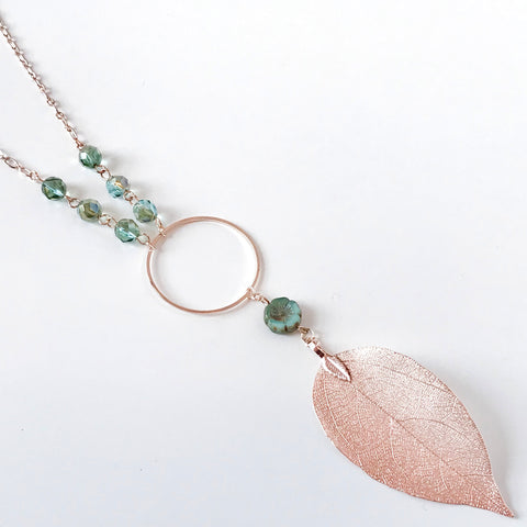 Rose Gold Leaf Necklace w/ Teal Pansy