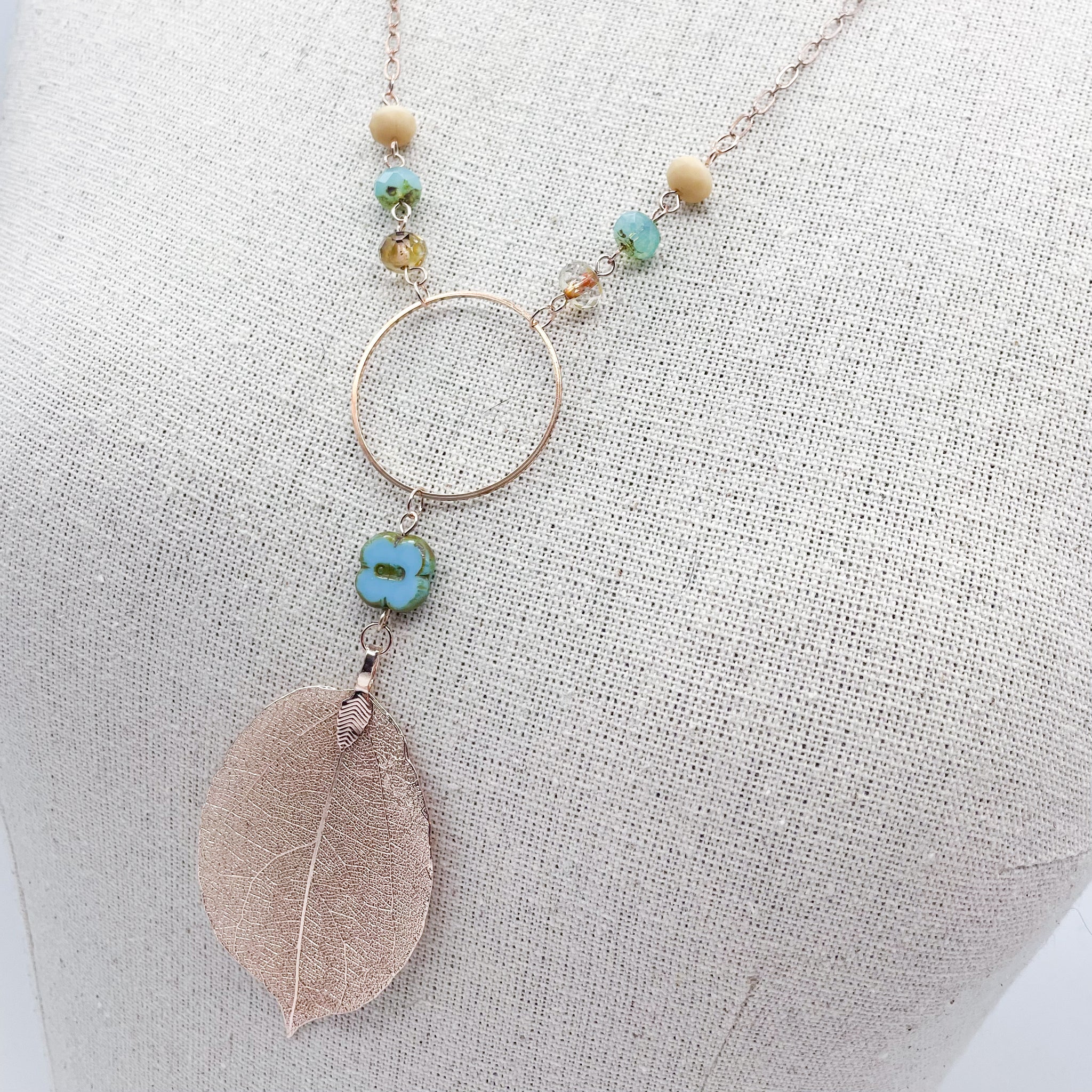 Turquoise Clover & Rose Gold Leaf Necklace
