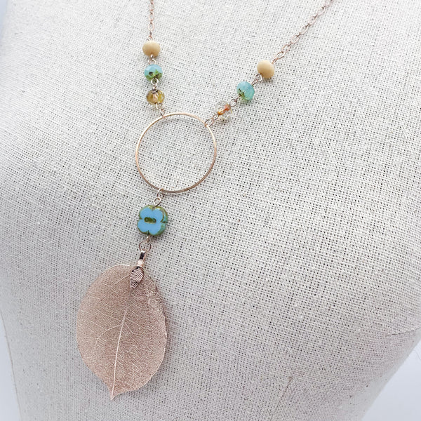 Turquoise Clover & Rose Gold Leaf Necklace