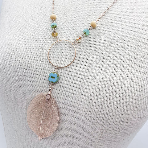 Turquoise Clover & Rose Gold Leaf Necklace