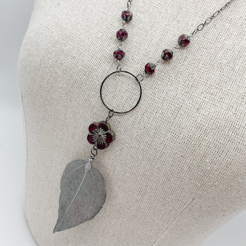 Deep Red Hibiscus Flower & Gun Metal Leaf Necklace