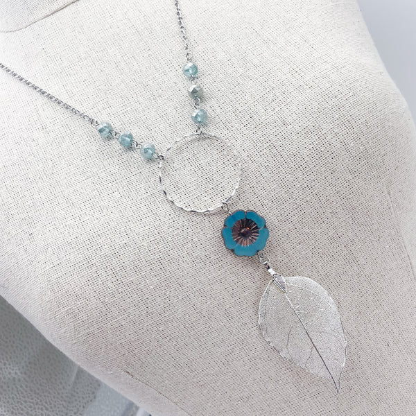 Turquoise  Hibiscus Flower & Silver Leaf Necklace