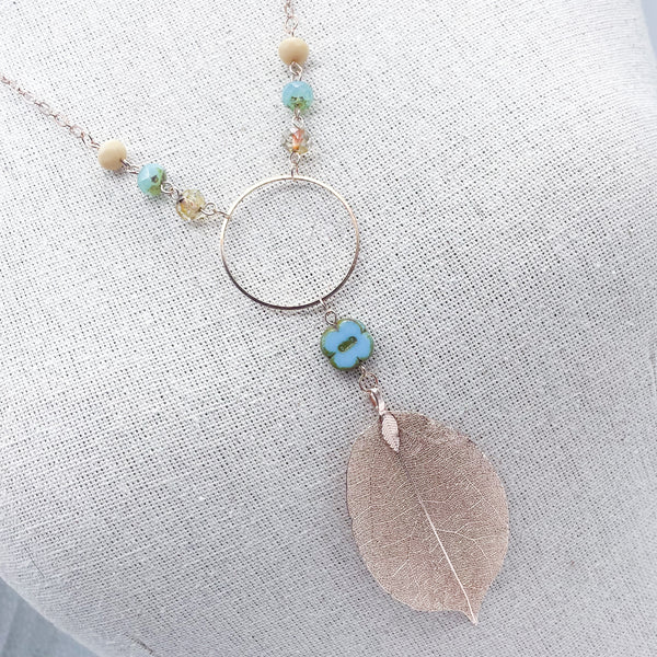 Turquoise Clover & Rose Gold Leaf Necklace