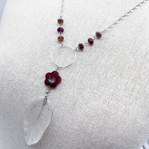 Silver Leaf Necklace w/ Raspberry Beads
