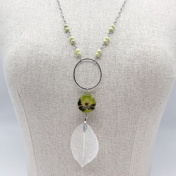 Pear Hibiscus Flower & Silver Leaf Necklace
