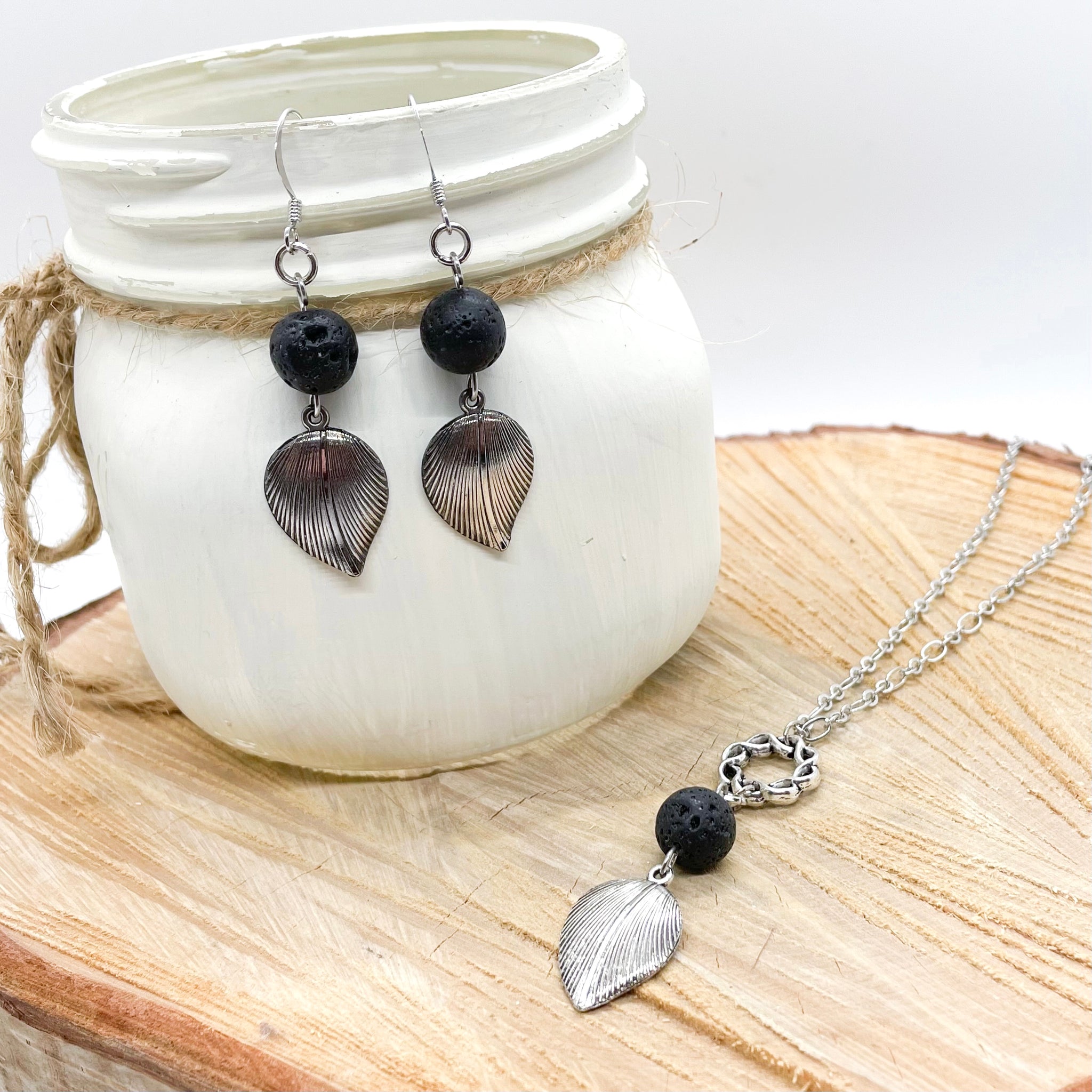 Silver Leaf Lava Rock Necklace