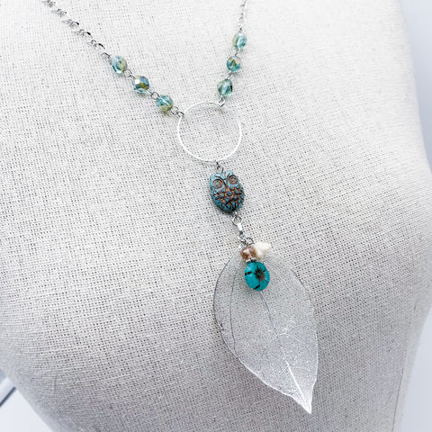 Silver Leaf Necklace w/ Teal Owl