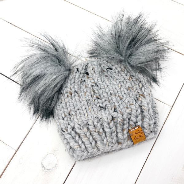 0 - 3 months GREY MARBLE Classic Hat with Double Faux Fur Poms