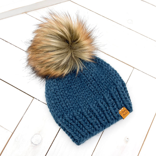 3 - 6 months DENIM Classic Hat with Faux Fur Pom (Jumbo)