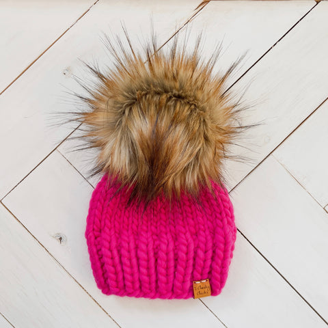 3 - 6 months HOT PUNK PINK WOOL Classic Hat with Faux Fur Pom (Jumbo)
