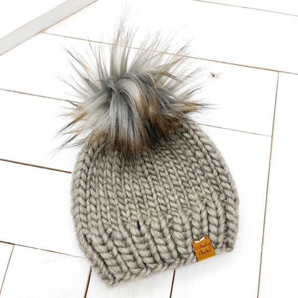 6 - 12 months GREIGE Classic Hat with Faux Fur Pom