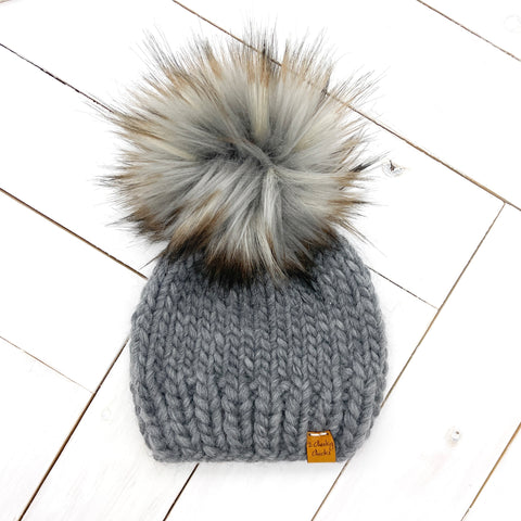 6 - 12 months CHARCOAL WOOL Classic Hat with Faux Fur Pom