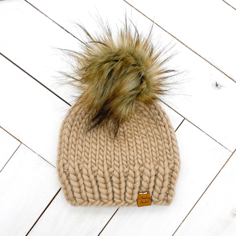 6 - 12 months BLONDE BEIGE WOOL Classic Hat with Faux Fur Pom