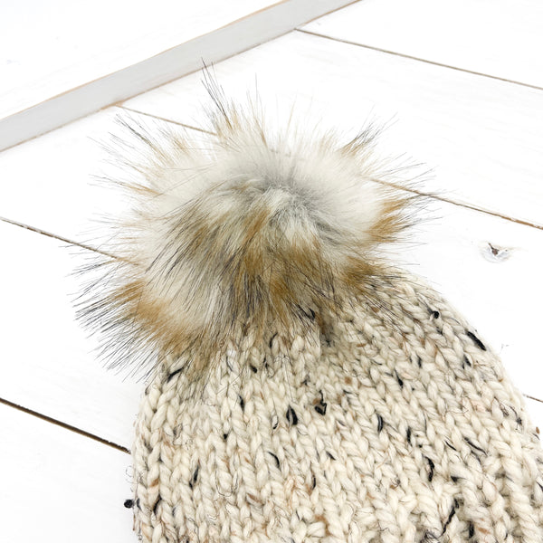 6 - 12 months OATMEAL Classic Hat with Faux Fur Pom