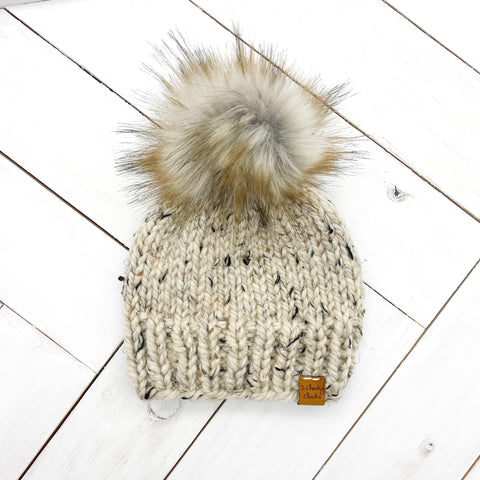 6 - 12 months OATMEAL Classic Hat with Faux Fur Pom