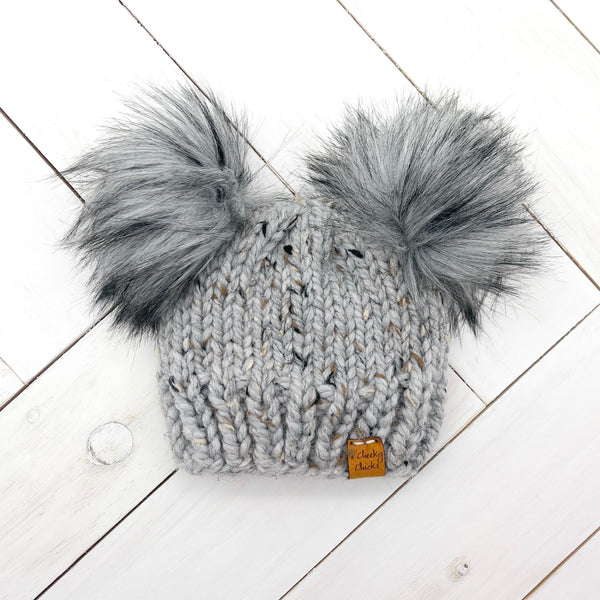 0 - 3 months GREY MARBLE Classic Hat with Double Faux Fur Poms