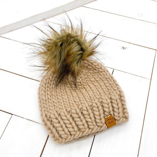 6 - 12 months BLONDE BEIGE WOOL Classic Hat with Faux Fur Pom