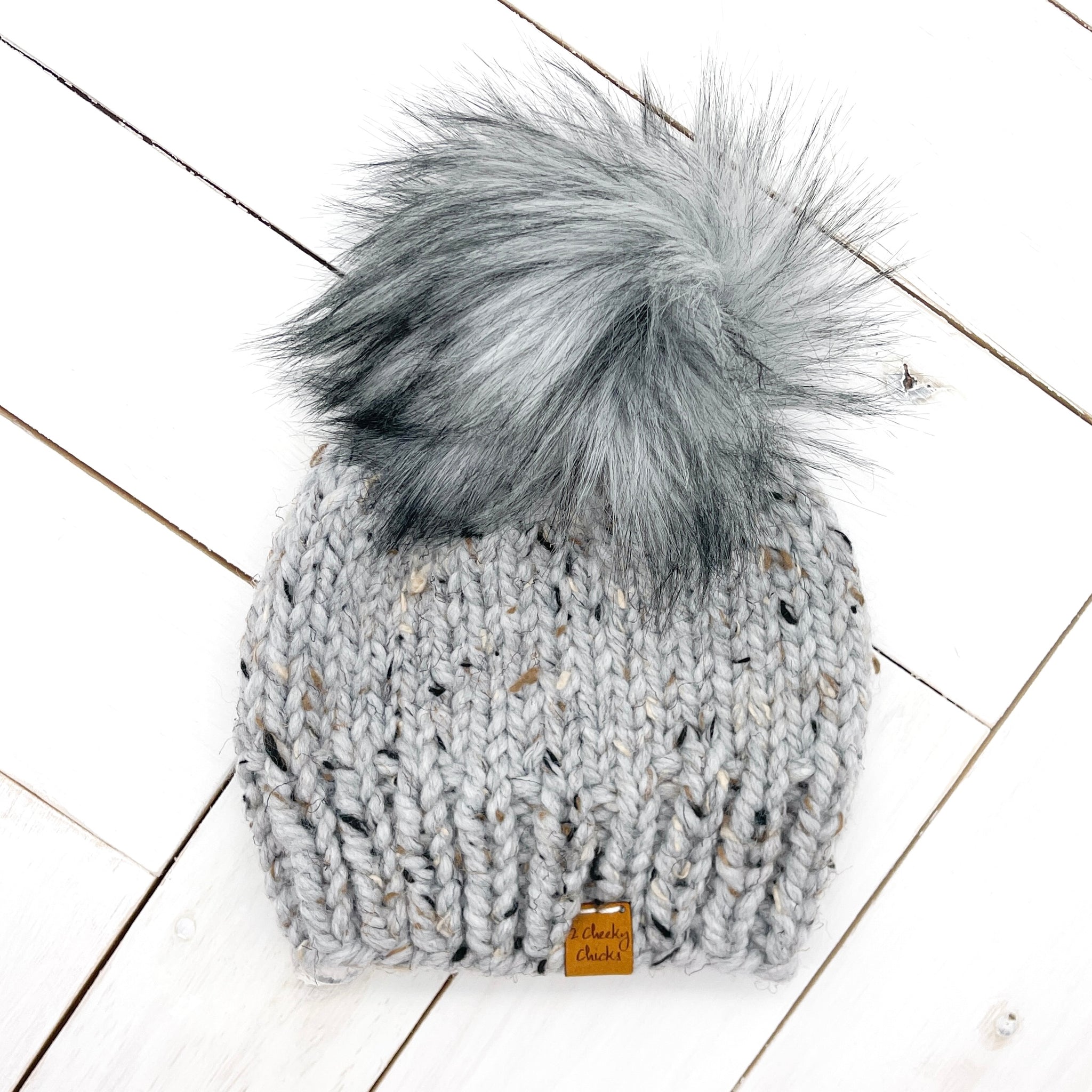 6 - 12 months GREY MARBLE Classic Hat with Faux Fur Pom