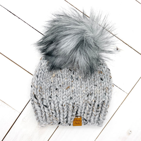 6 - 12 months GREY MARBLE Classic Hat with Faux Fur Pom