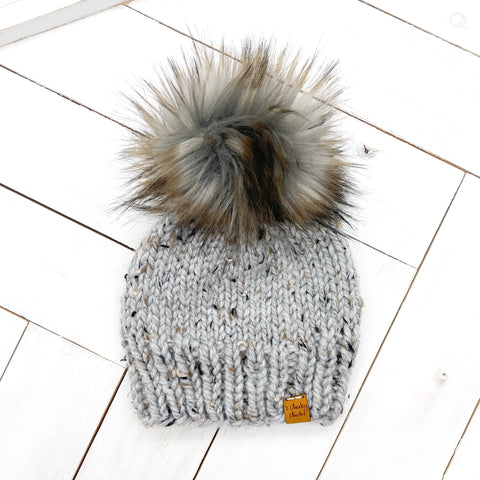 Child (4 - 8 years old) GREY MARBLE Classic Hat with Faux Fur Pom (Jumbo)